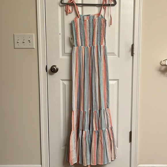 NEW Altar’d State Ivory Blue Green Stripe Smocked Maxi Dress Elastic Waist Small - Picture 2 of 10